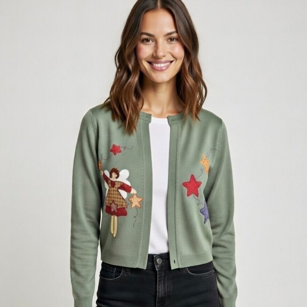 Hanes Women's Handmade Heather Green Americana Open Cardigan, Size L